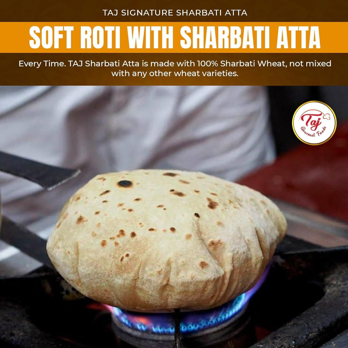 Golden-colored rotis retaining hue for hours with TAJ Sharbati Atta.