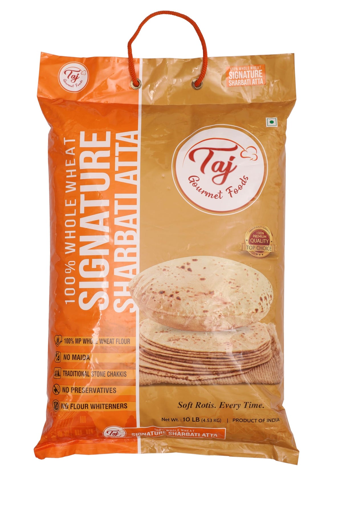 Whole grain nutrition with iron and fiber from TAJ Sharbati Atta.