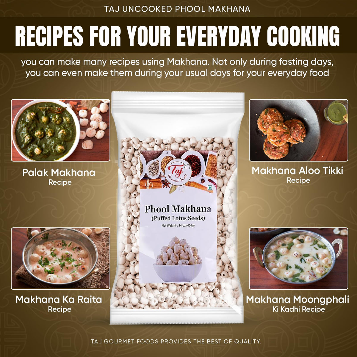 TAJ uncooked makhana pan roast image shows easy sauté to maximize flavor