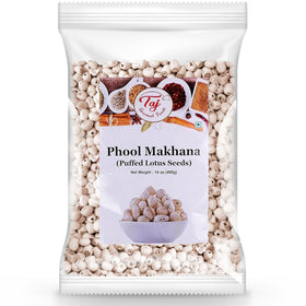 TAJ Gourmet Foods uncooked phool makhana bag ready for roasting and seasoning at home