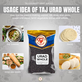 Close-up of TAJ Urad Whole Dal beans, ideal for flavorful Indian dals