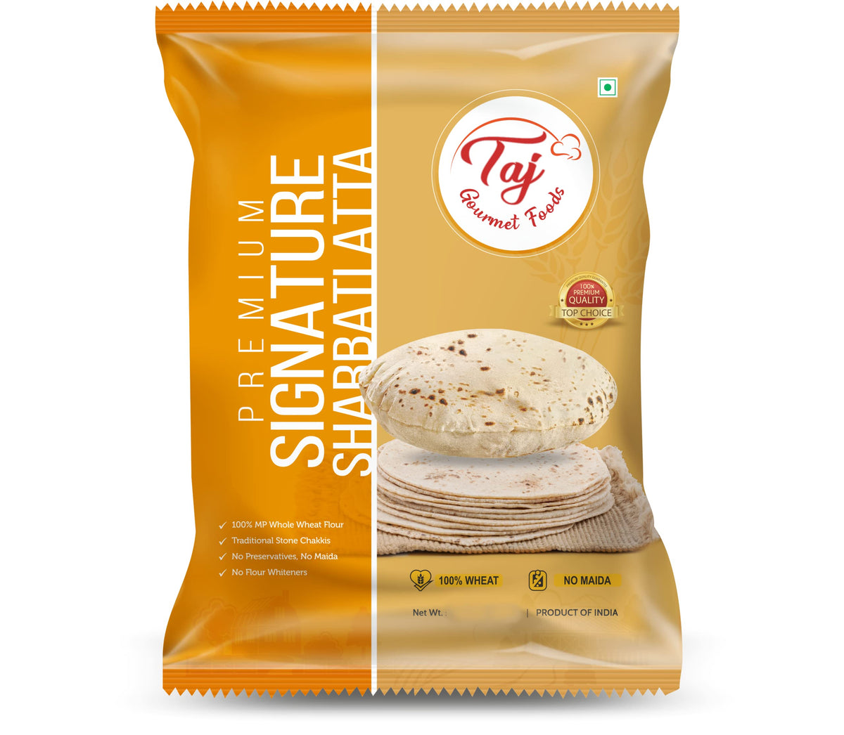 TAJ Signature Sharbati Atta bag 4lbs, premium whole wheat flour for soft rotis.