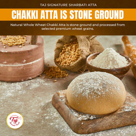 TAJ Signature Sharbati Atta no maida visual emphasizing clean ingredients.