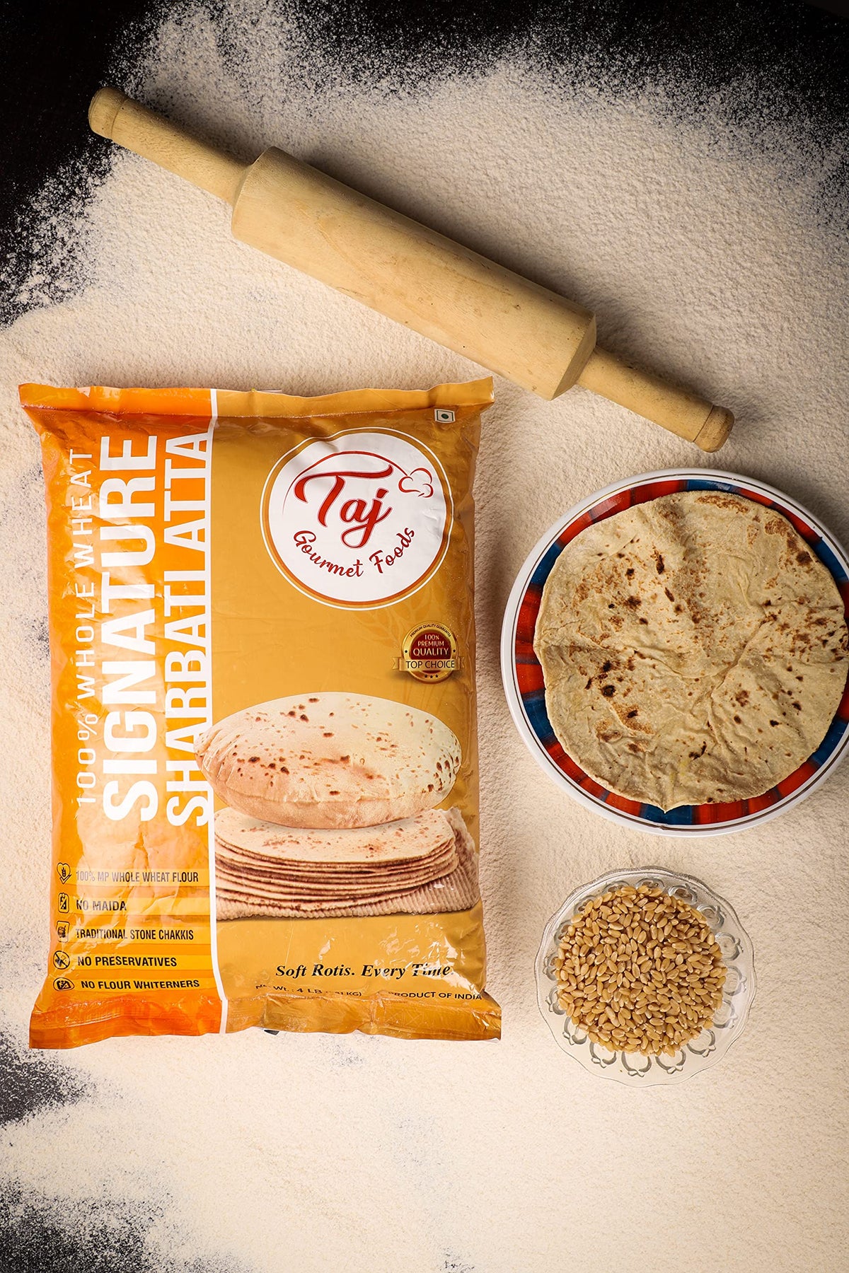 TAJ Signature Sharbati Atta no preservatives highlighting purity of flour.