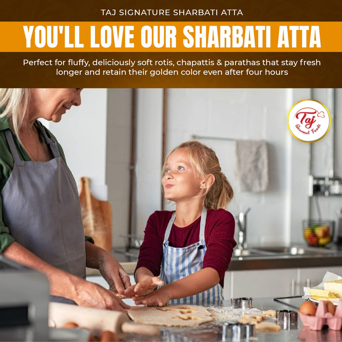 TAJ Signature Sharbati Atta whole grain flour for wholesome meals.