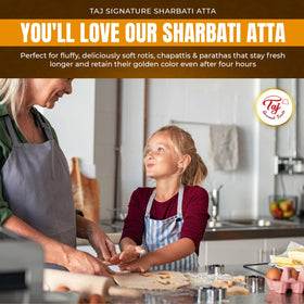 TAJ Signature Sharbati Atta whole grain flour for wholesome meals.