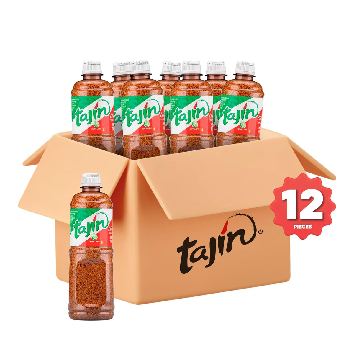 Tajín Clásico bottle side view highlighting natural ingredients for snacks and drinks.