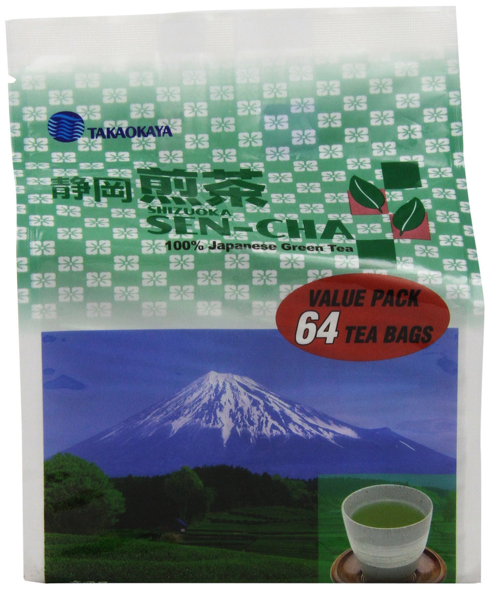 Takaokaya Tea T Green Sencha tea bags in a 64-count box for convenient brewing.