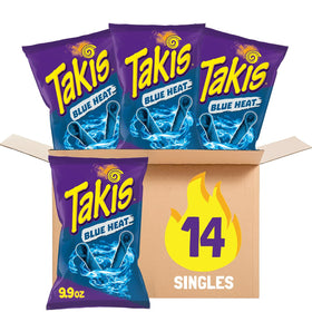 Takis Blue Heat bag front displaying bold blue chips for intense flavor
