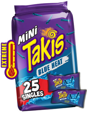 Takis Blue Heat Mini pack front shows bold blue heat flavor for on-the-go snacking.