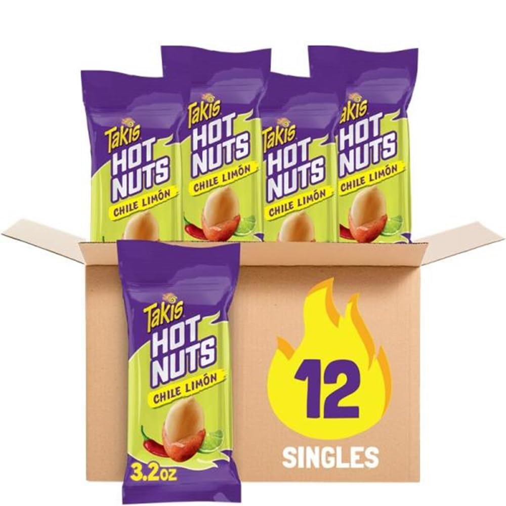 Takis Flare Hot Nuts box front, bold chili-lime flavor for on-the-go snacking.