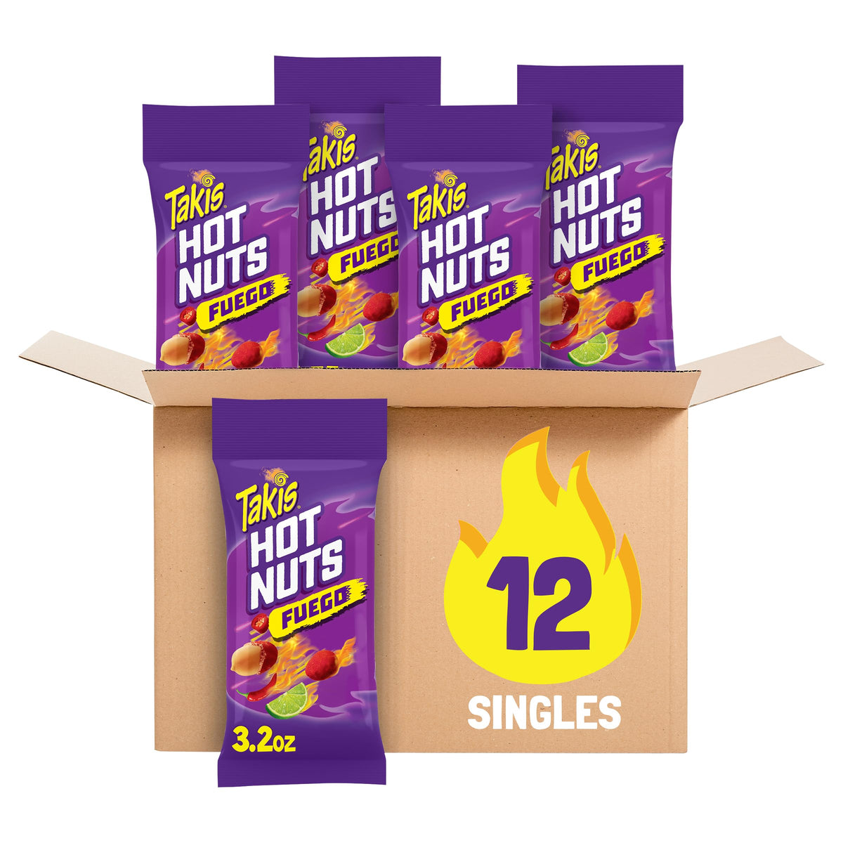 Takis Fuego Hot Nuts 12-pack front, bold heat for on-the-go snacking.