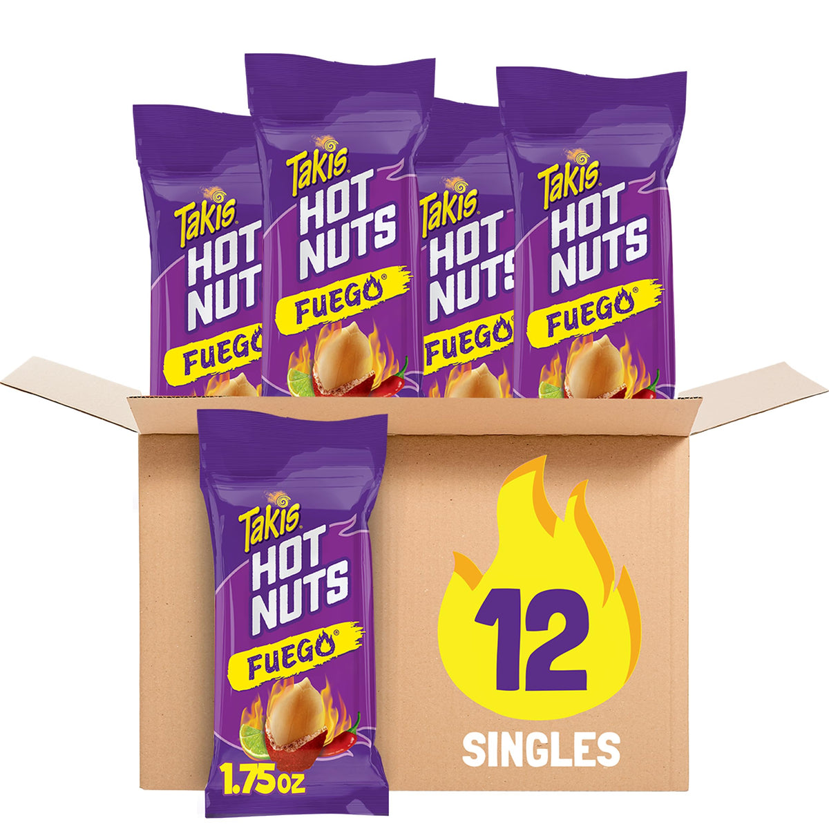 Takis Fuego Hot Nuts pack close-up, bold flavor for on-the-go snacking.