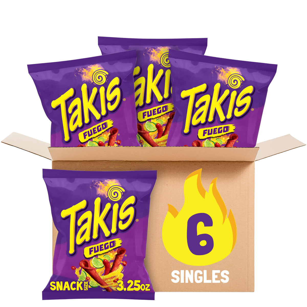 Takis Fuego rolled tortilla chips in a bag closeup for bold flavor on the go.