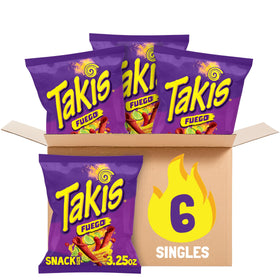 Takis Fuego rolled tortilla chips in a bag closeup for bold flavor on the go.
