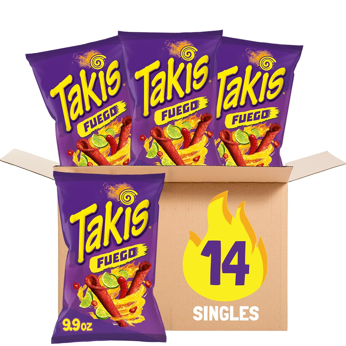Takis Fuego rolled tortilla chips bag showcasing bold heat and lime flavor for on-the-go snacking.
