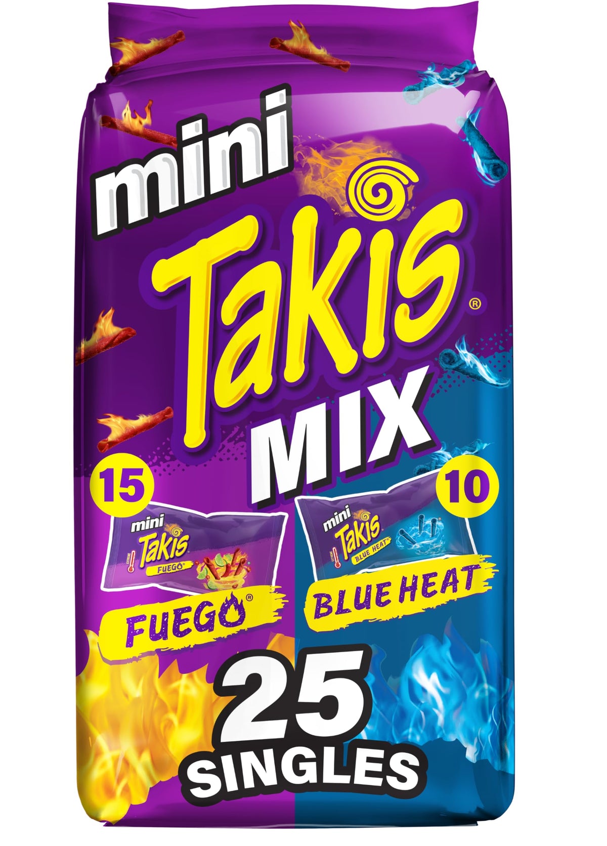 Takis Mini variety-pack bags with Fuego and Blue Heat for bold on-the-go snacking.