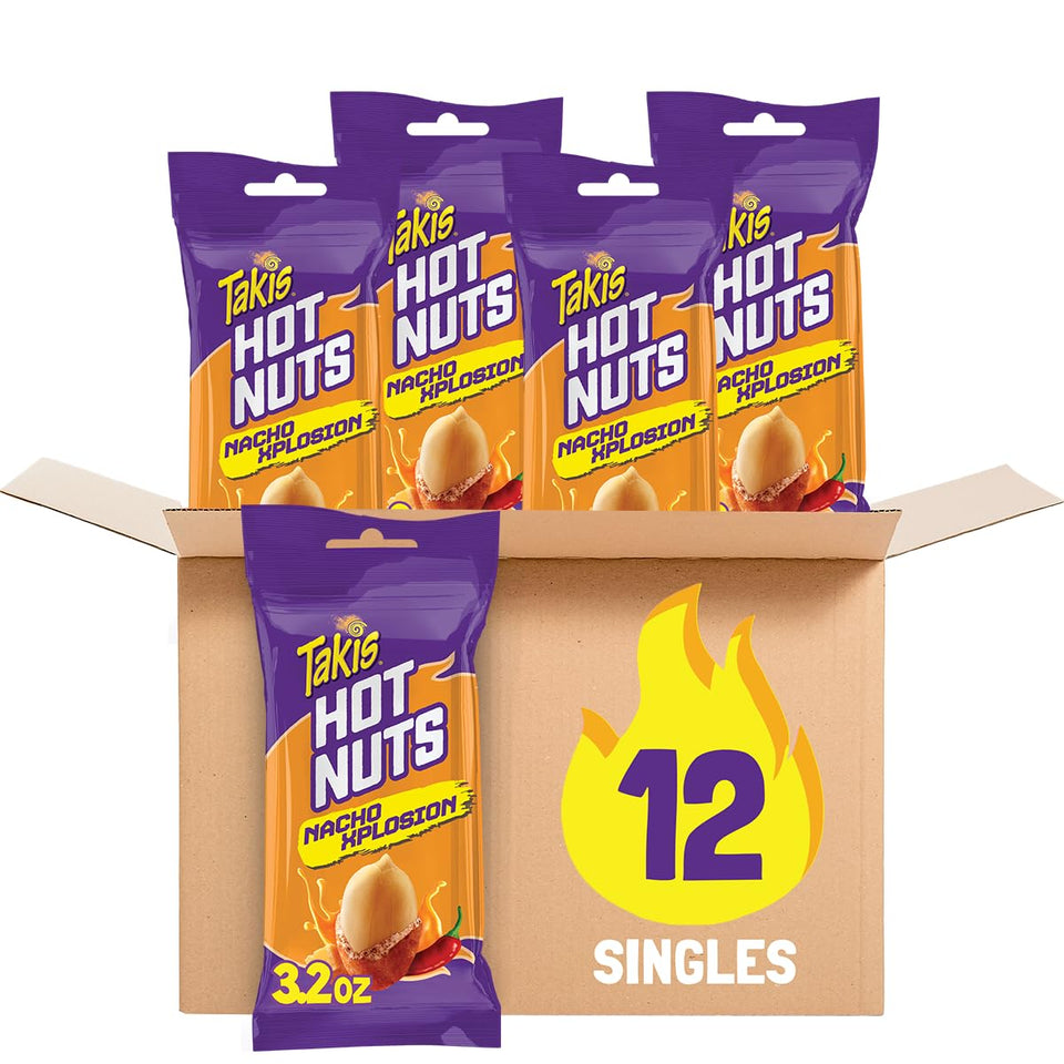 Takis Nacho Xplosion Hot Nuts box front with bold cheese flavor for bold snacking.