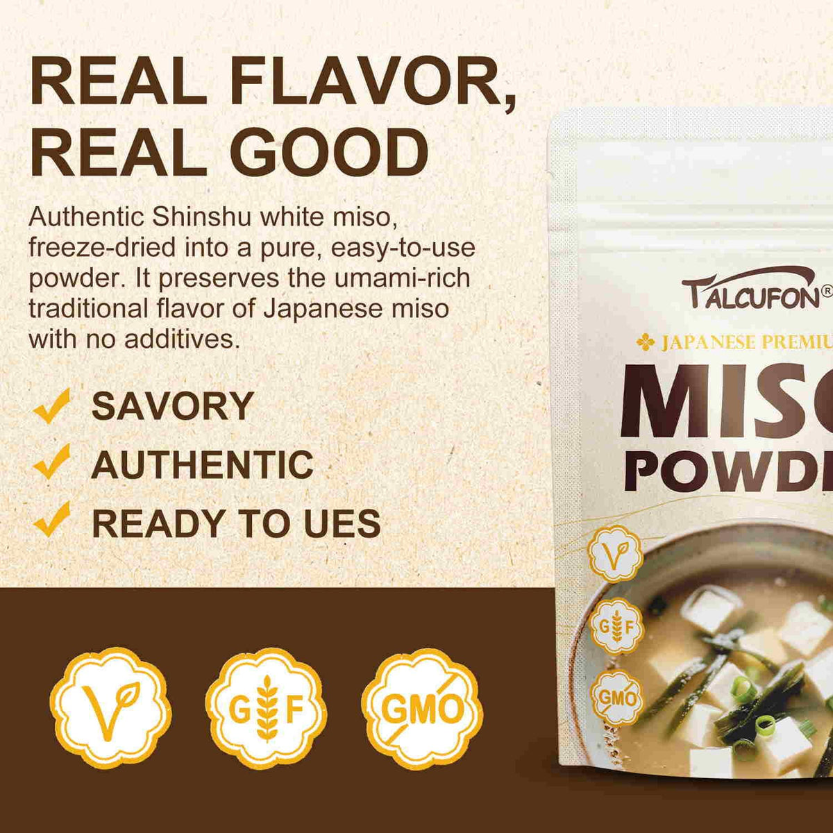 Talcufon miso powder dissolves quickly in hot water for instant soups.