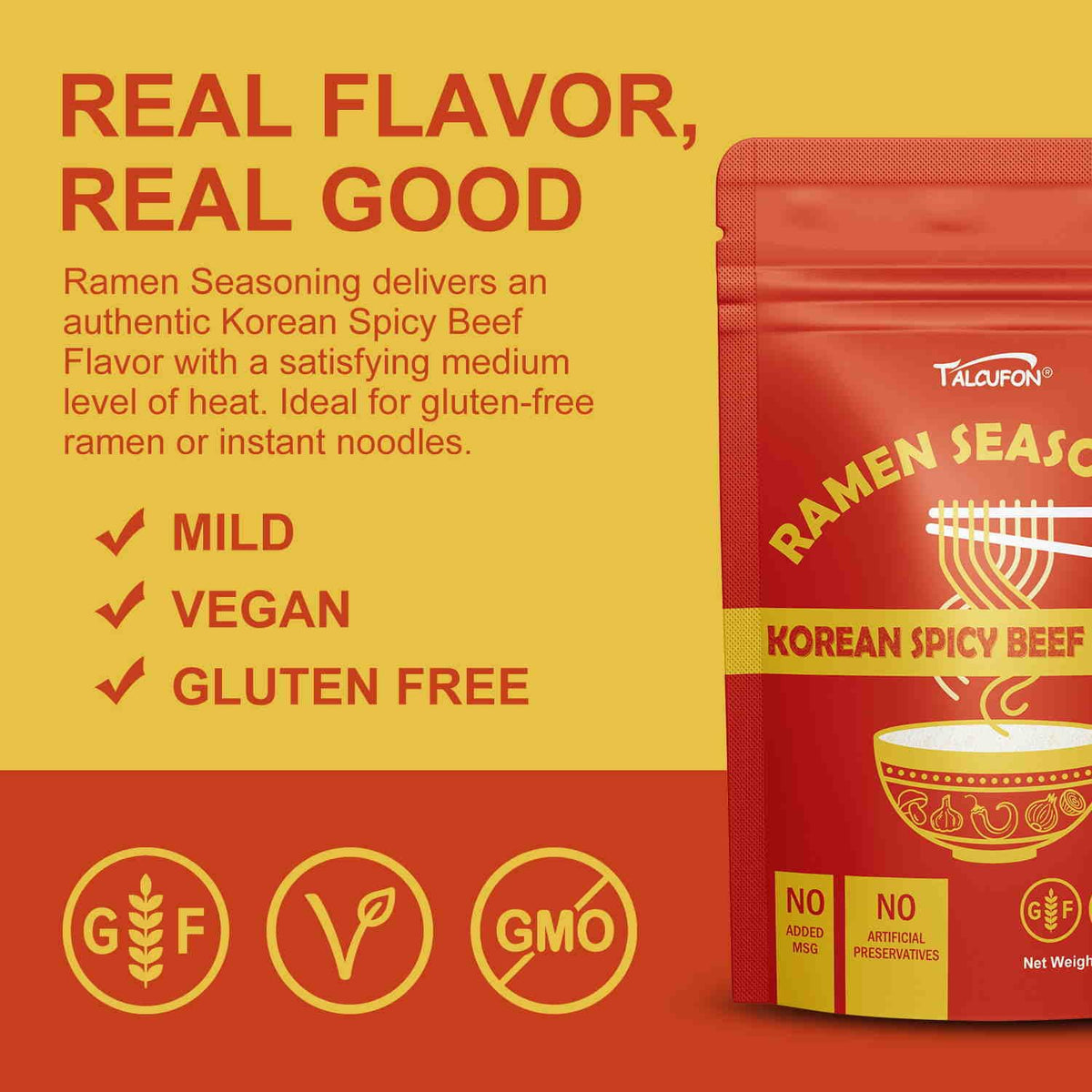Talcufon non-GMO label on ramen seasoning pack highlighting clean ingredients