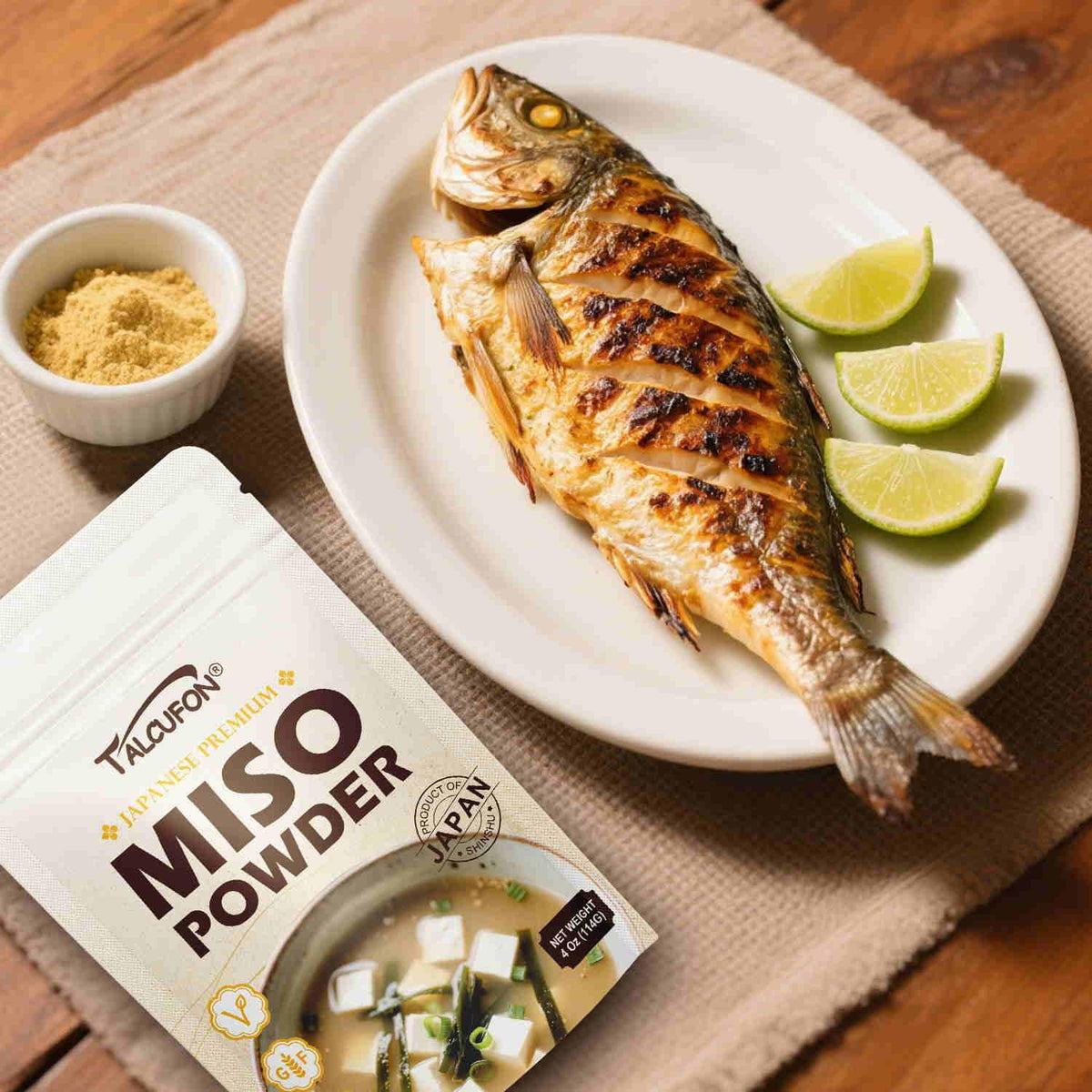 Talcufon resealable pouch keeps miso powder fresh for travel.