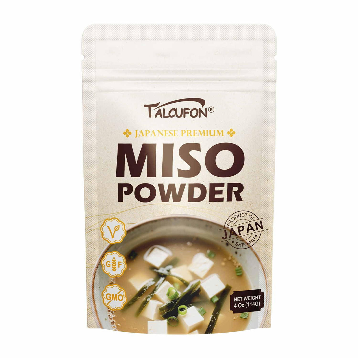 Talcufon white miso powder in a resealable pouch for fresh flavor anytime.