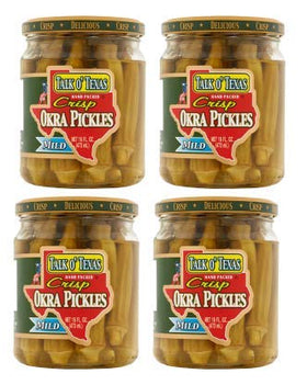 Talk O Texas Okra Pickled Mild jar front shows label, ideal for snack time.