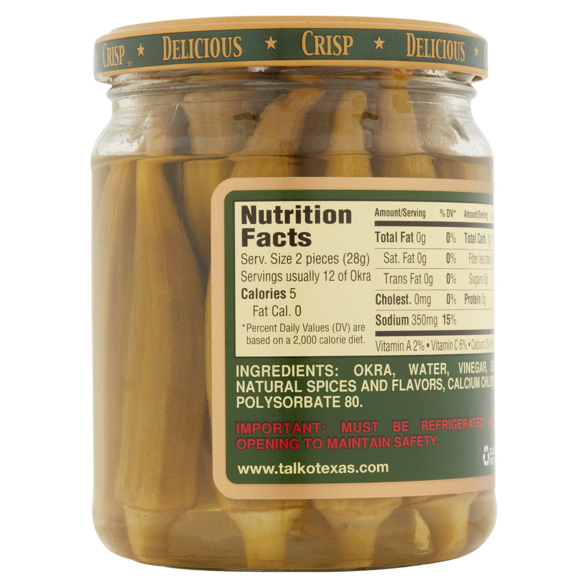 Talk O Texas Okra Pickled Mild jar pour demonstrates convenient one-hand serving.