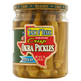 Talk O Texas Okra Pickled Mild label closeup highlights seasoning and craft.