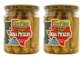 Talk O Texas Okra Pickled Mild pack 2 bottle front shows crunchy, tangy snacks for everyday meals