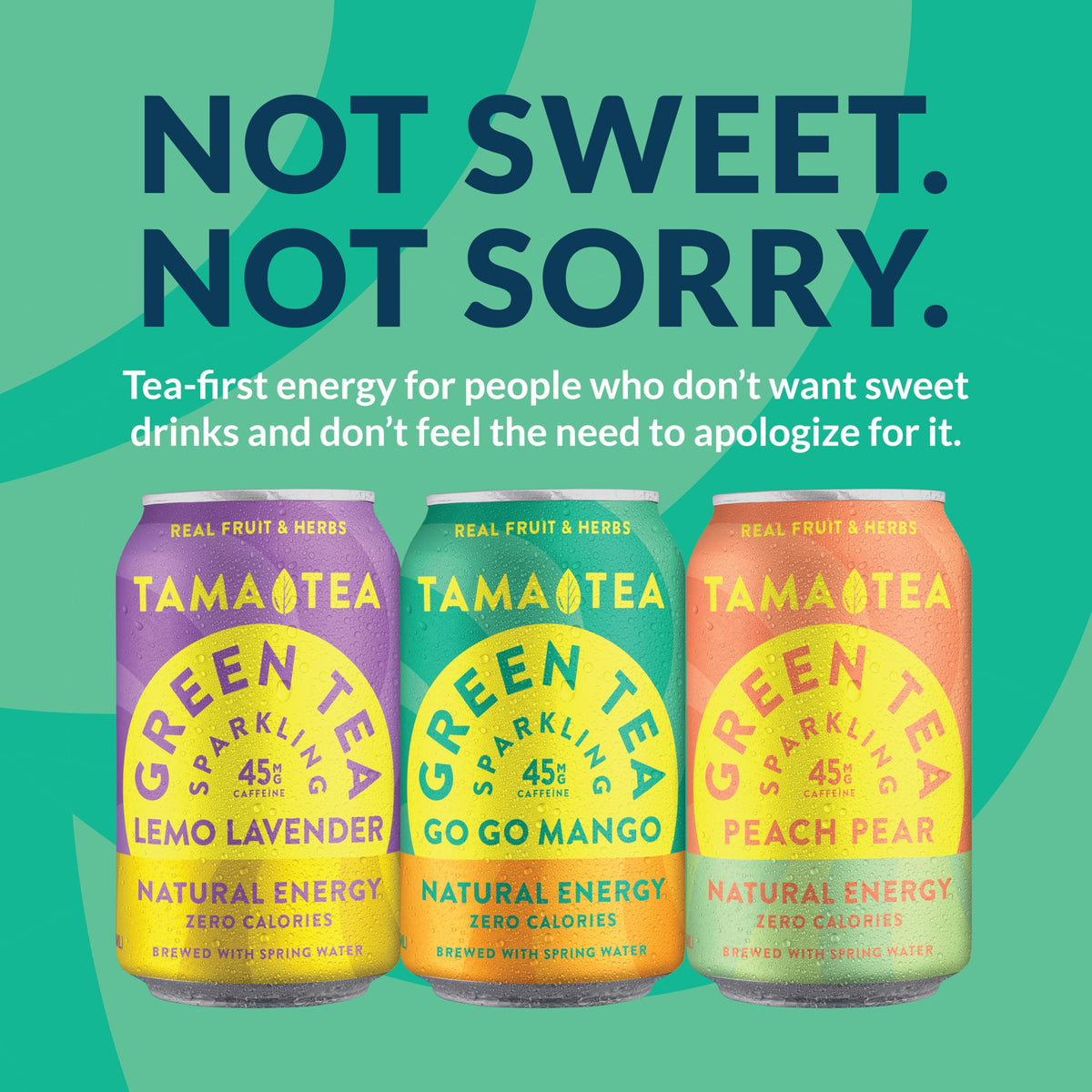 Tama Tea unsweetened sparkling green tea can with go-go mango flavor, caffeine lift.