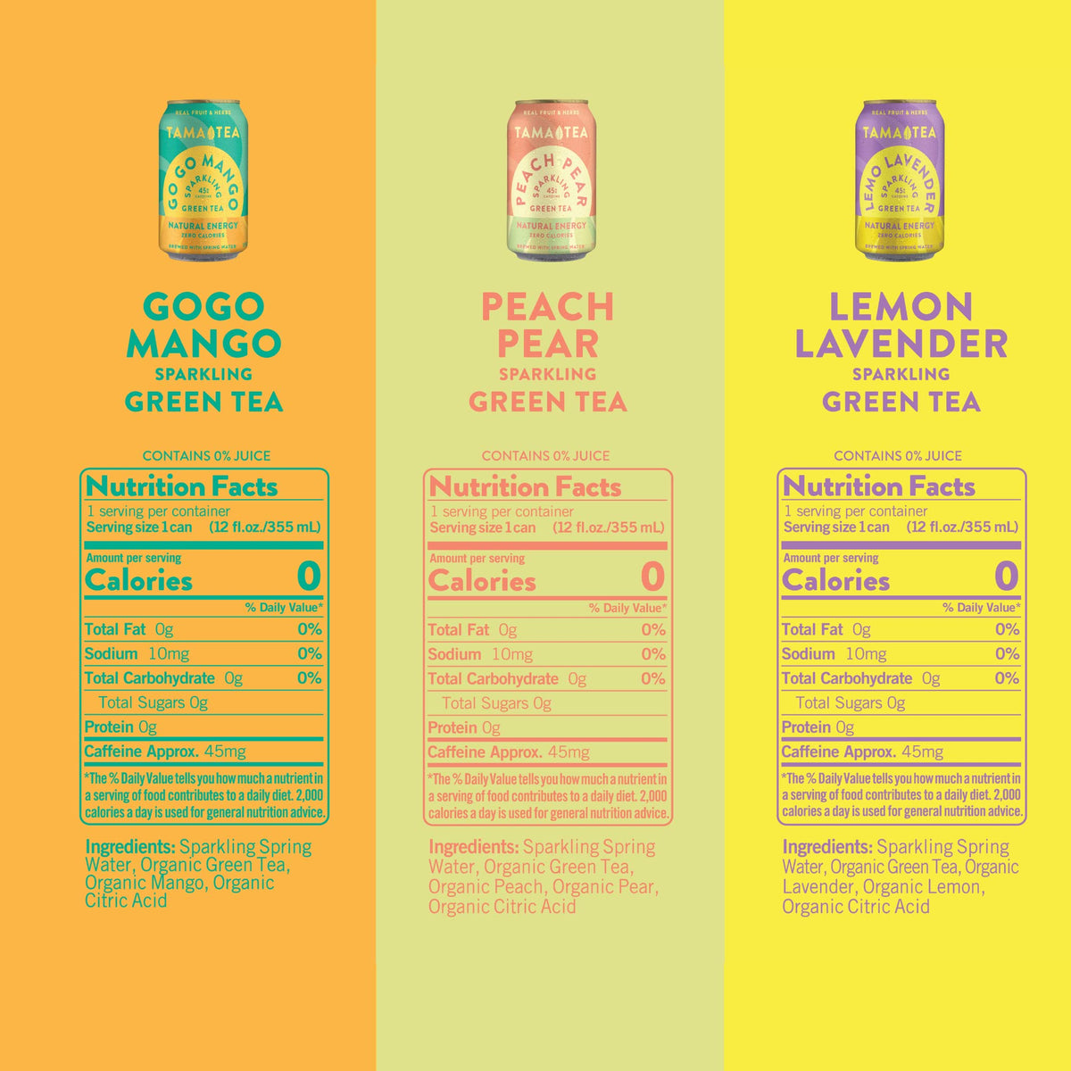 Tama Tea unsweetened sparkling green tea can with lemon-lavender flavor, crisp finish.