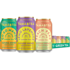 Tama Tea unsweetened sparkling green tea can with peach-pear flavor, zero calories.