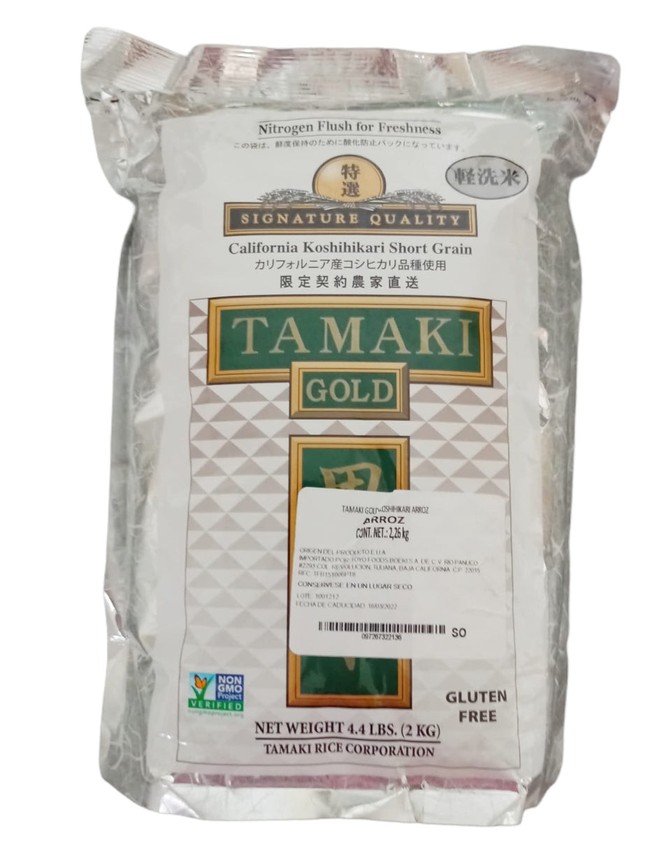 Tamaki Gold California Koshihikari short-grain rice in a bag for gourmet meals.
