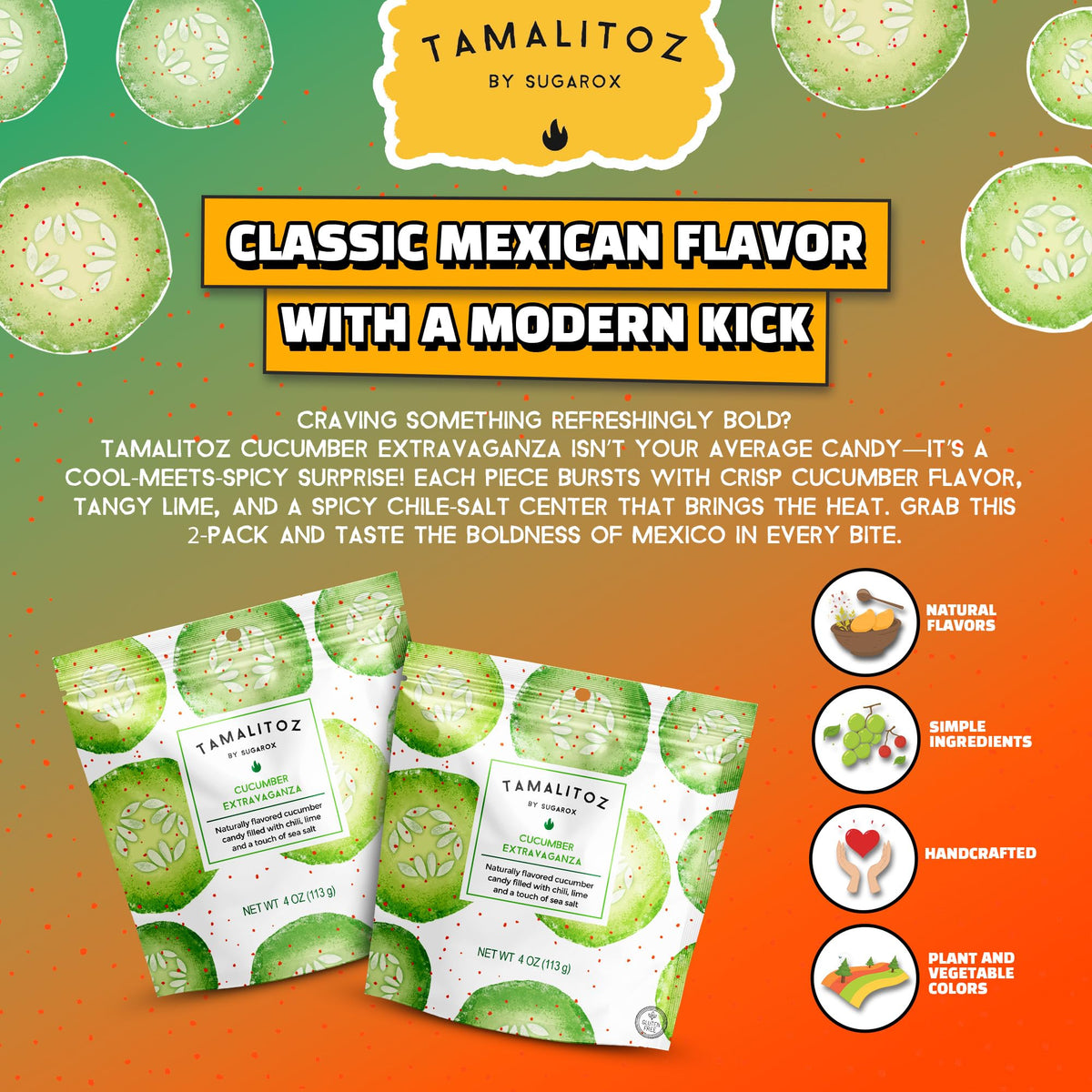 Tamalitoz Cucumber Extravaganza bag side – convenient two-bag display for gifting.
