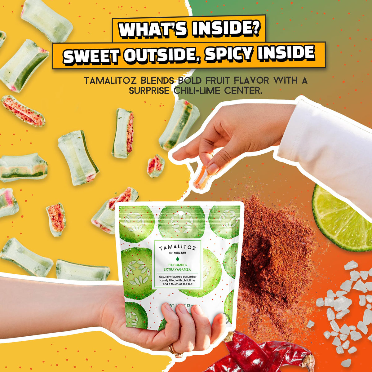 Tamalitoz Cucumber Extravaganza chile-lime center – tangy bite preview.