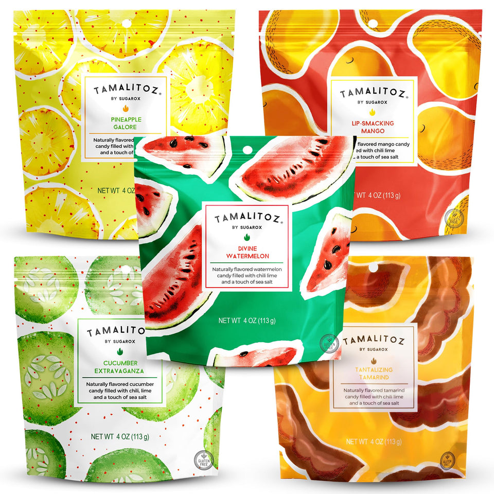 Tamalitoz Spicy Candy Mango pack – bold chile-lime center enhances snacking.