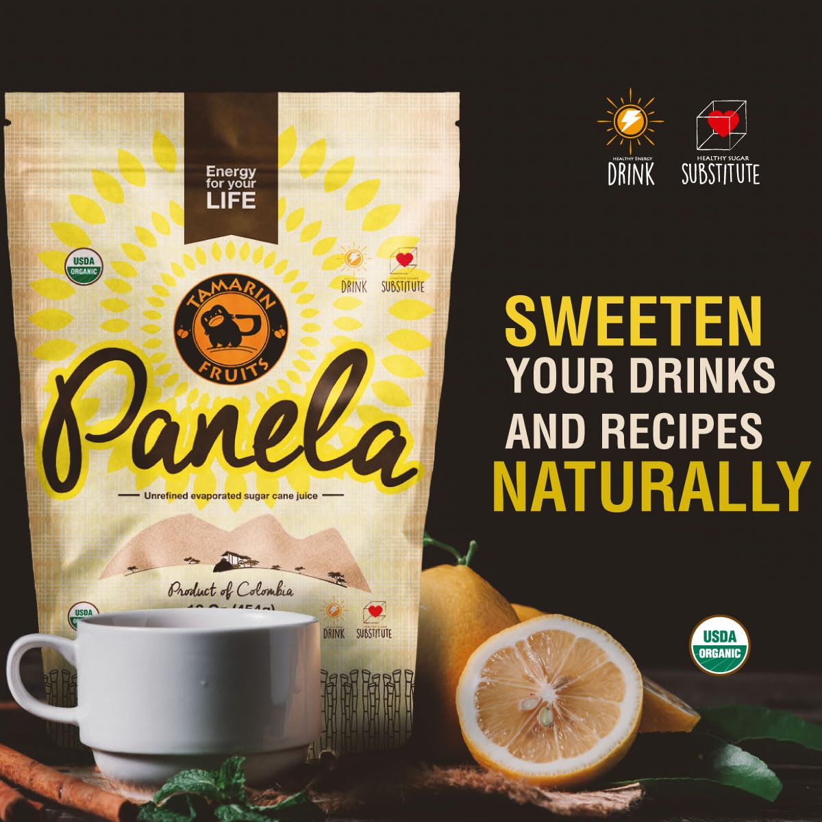Tamarin Fruits Panela label closeup, organic, all-natural sweetness.