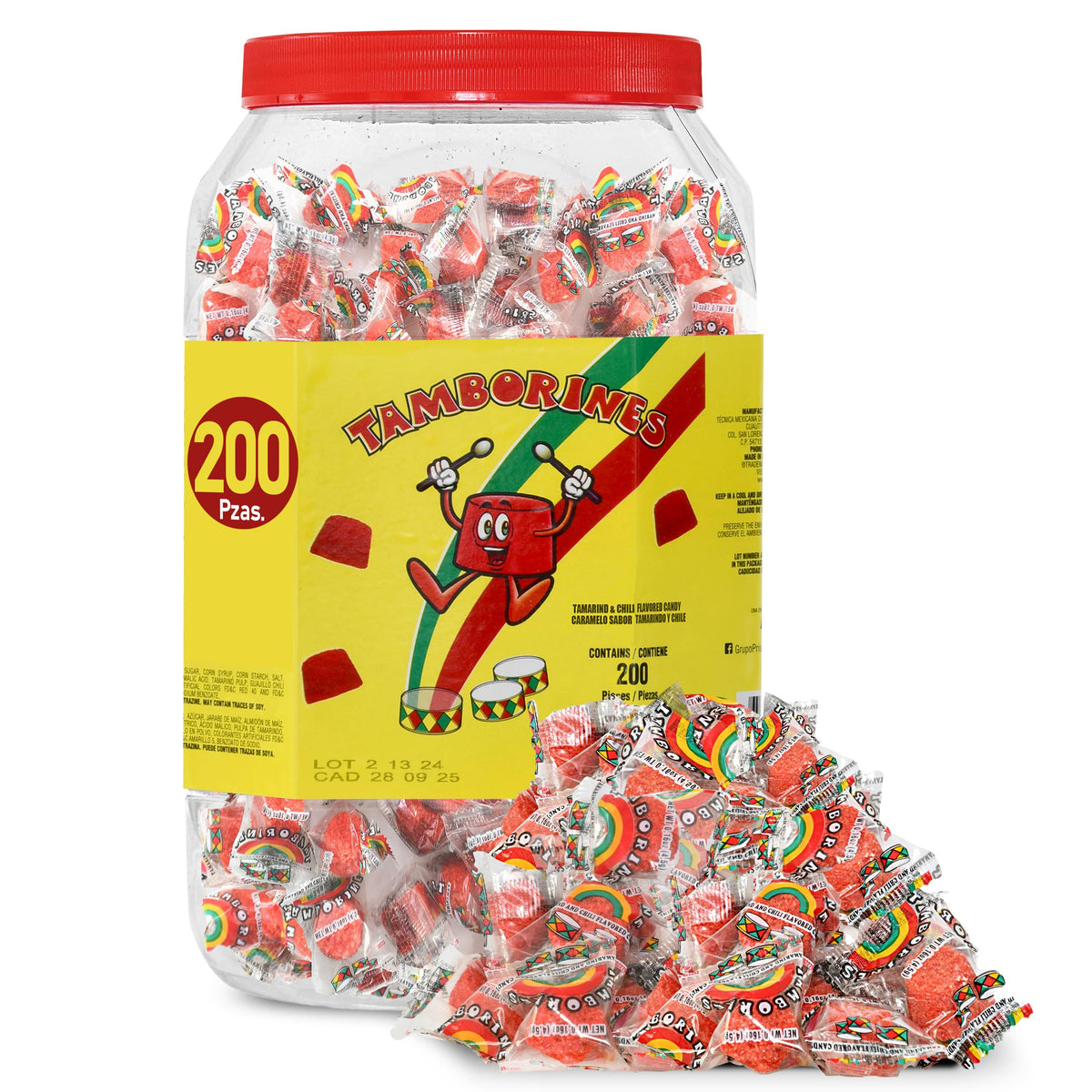 Tamborines Enchilados 200-candies container shown for parties