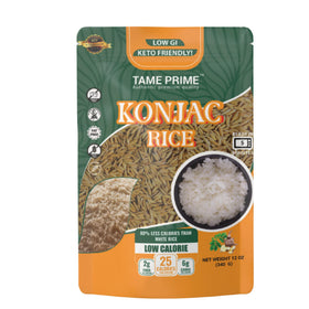 Tame Prime dried Shirataki rice pack, keto-friendly low-calorie base for meals.
