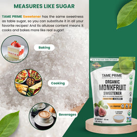 Tame Prime USDA Organic monkfruit allulose form highlighting natural sweetness from figs.