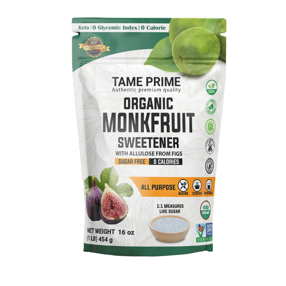 Tame Prime monkfruit sweetener jar showing 1:1 sugar substitute for coffee and baking.