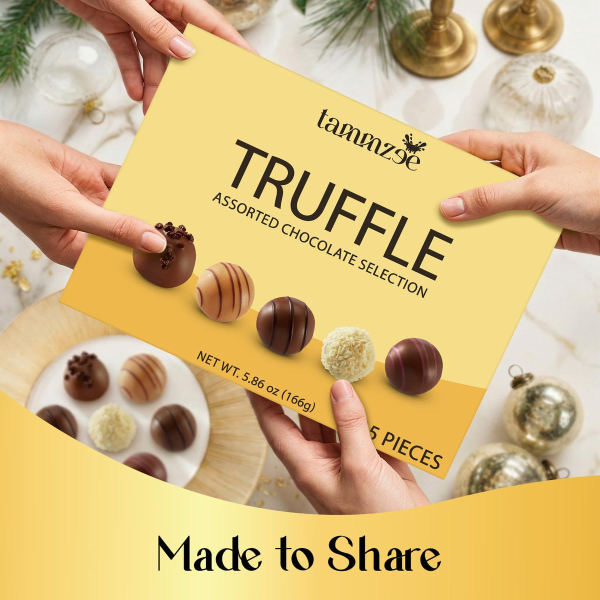 TAMMZEE milk chocolate cocoa cream truffle presentation with rich flavor promise.