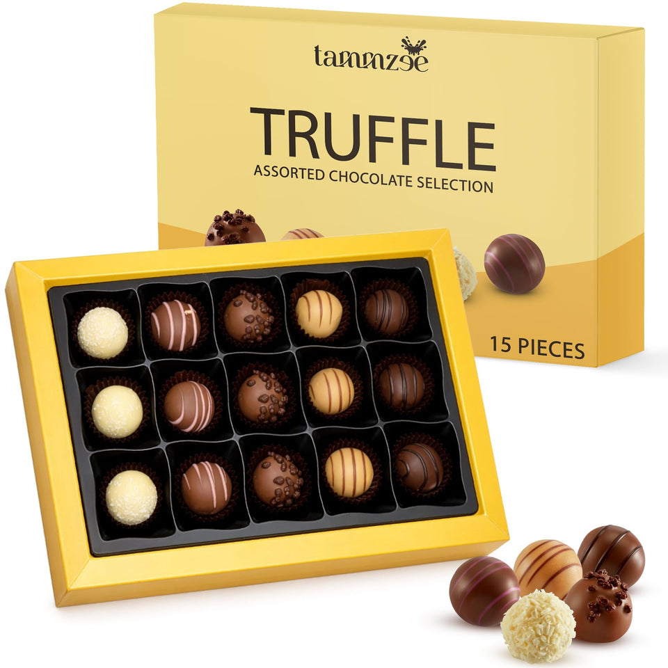 TAMMZEE Mothers Day box 15-piece open display showing premium assorted chocolate truffles for gifts.