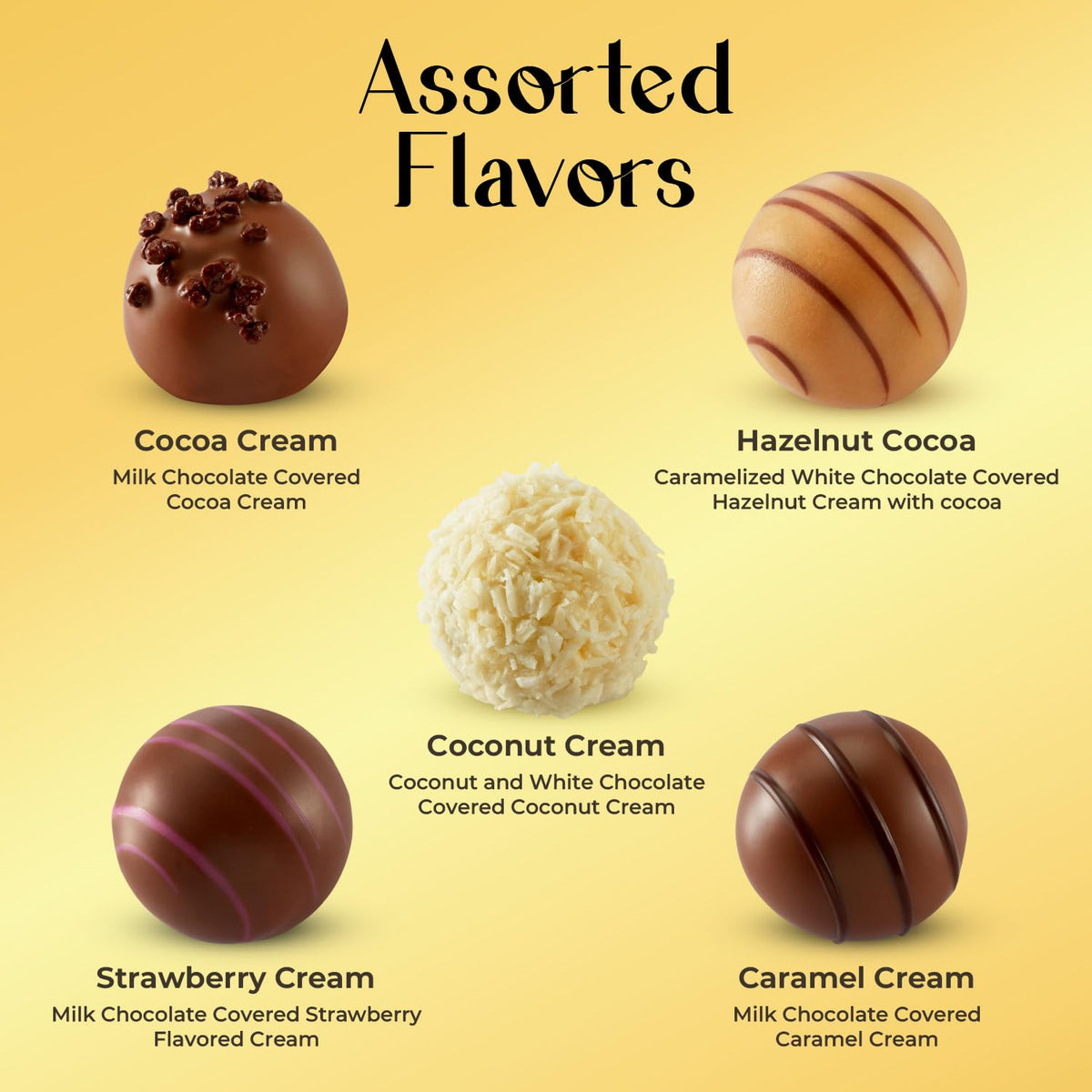 TAMMZEE truffles assortment close-up highlighting smooth shells and creamy centers.