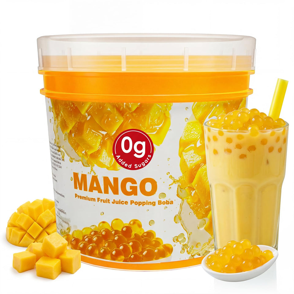 T&Tea Mango popping boba pearls in bulk packaging for easy, sugar-free fruit toppings.