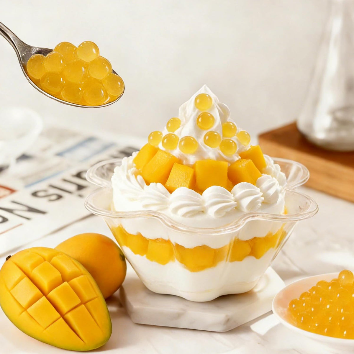 T&Tea Mango popping boba pearls sprinkled on desserts for vibrant texture.