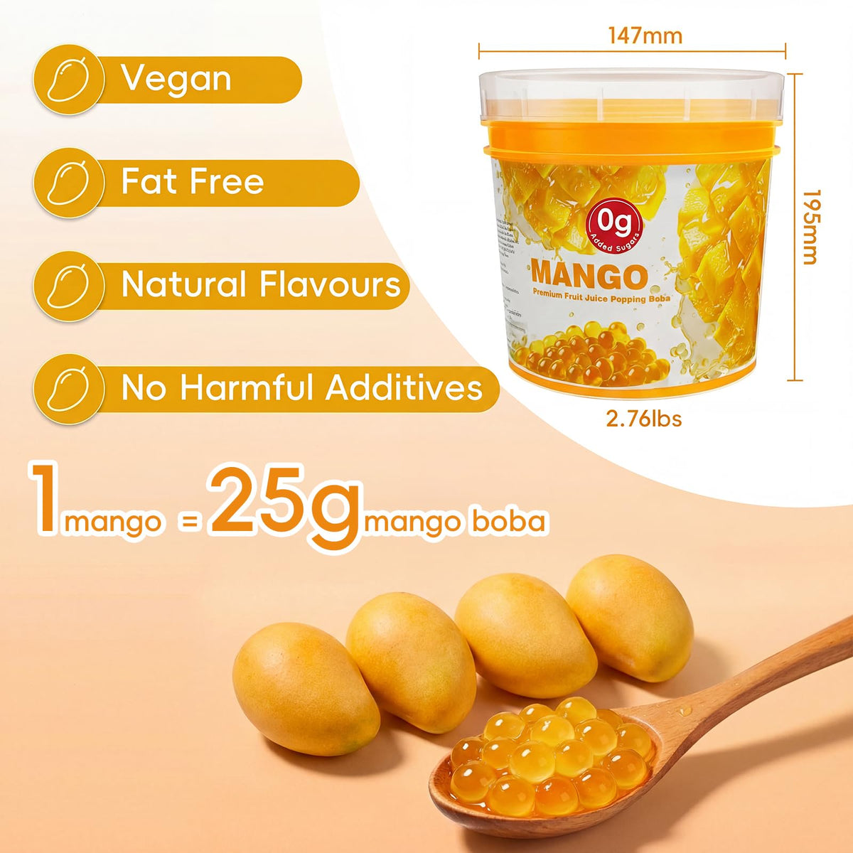 T&Tea Mango popping boba pearls in glass jar closeup, ideal for playful desserts.