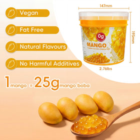 T&Tea Mango popping boba pearls in glass jar closeup, ideal for playful desserts.