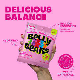Tandy Belly Bears colorful flavor bag highlighting fruity flavors for gut-friendly snacking.